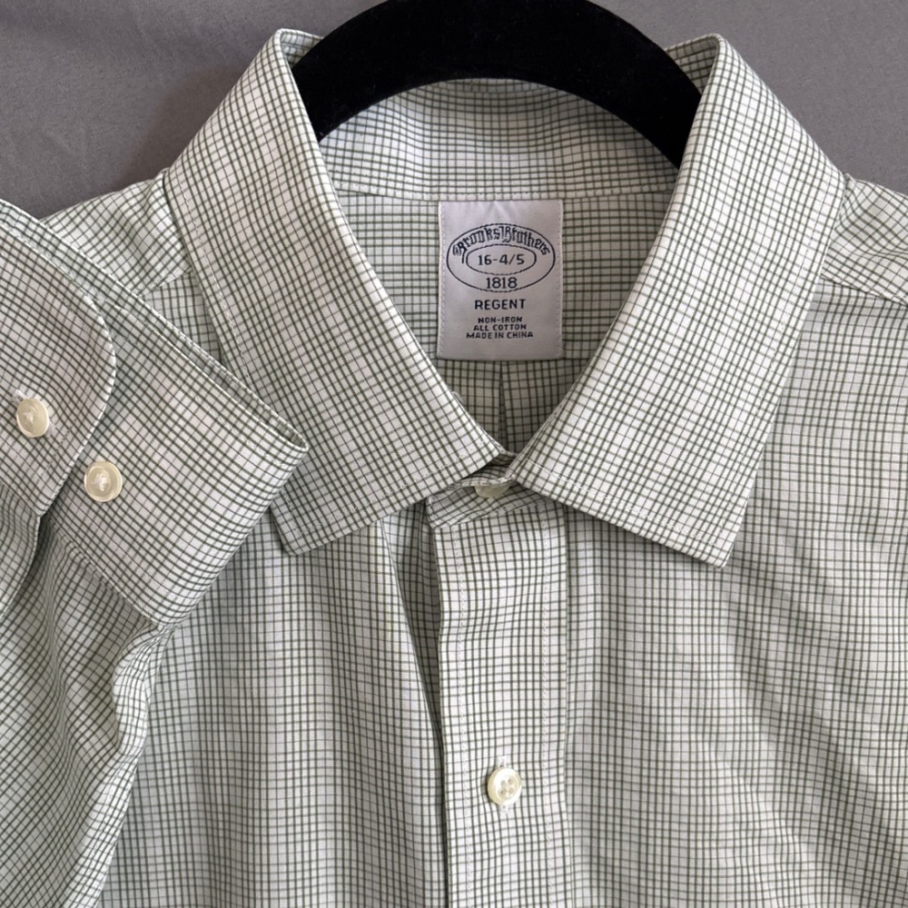 Brooks Brothers Shirt 16-4/5 Green White Micro Check Regent Non-Iron Cotton 1818